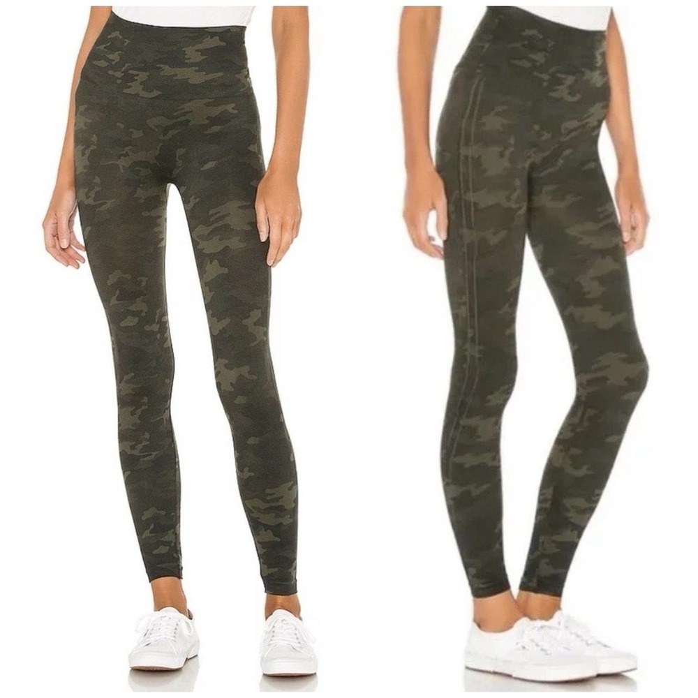 SPANX Look At Me Now Seamless Leggings Size Large Green Olive Camo Print